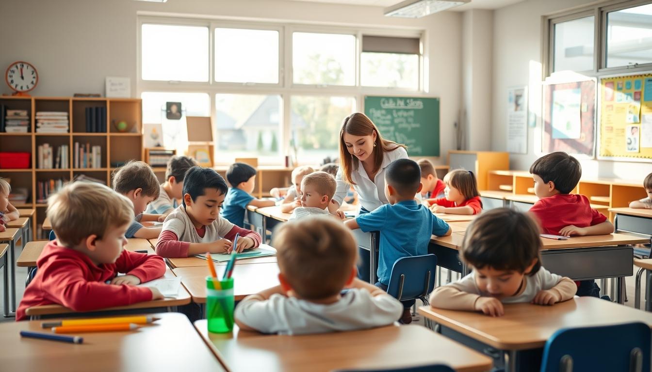 Students studying together in modern classroom